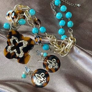Turquoise & Tortoise Cross & Fleur-de-Lis Necklace Set Boho Designer Inspired